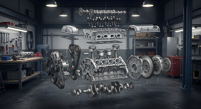 3D vector exploded view illustration of a complete automotive engine