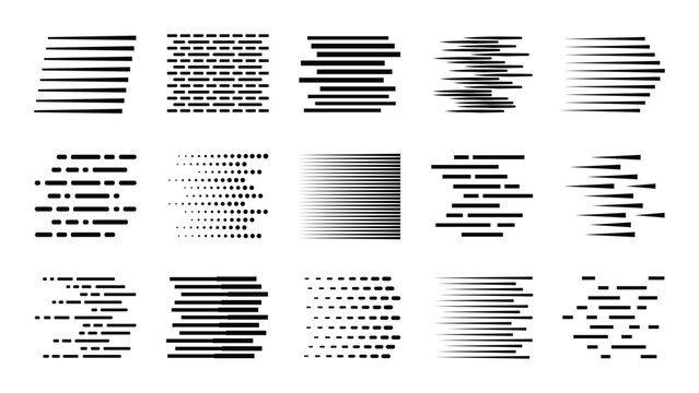 Speed lines and motion effects set vector illustration. Horizontal fast movement stripes, dashed lines, and gradient transition textures isolated on white background for dynamic race design.