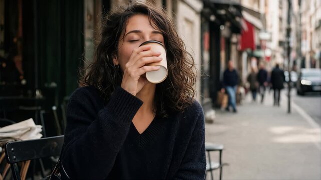 Young Woman Drinking Coffee at cafe in City Street, Smiling Woman Outdoors in Urban Lifestyle Setting