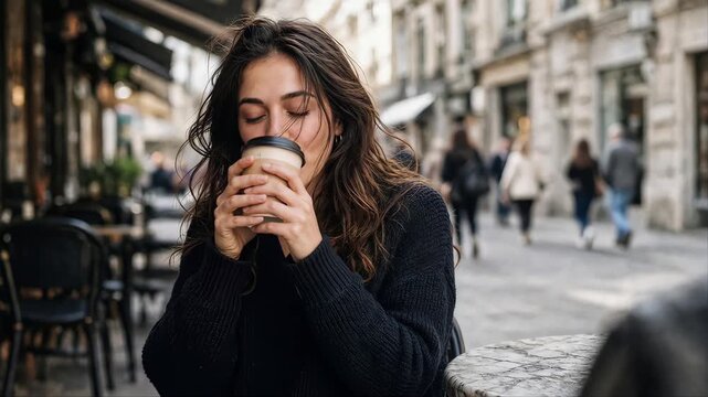 Young Woman Drinking Coffee at cafe in City Street, Smiling Woman Outdoors in Urban Lifestyle Setting