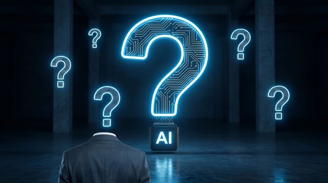 Strategic Business Decision Making and AI Uncertainty Symbolized by Executive Facing Glowing Question Marks