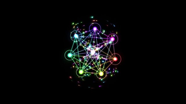 Rotating Metatrons Cube animation with rainbow colors against a black background sacred geometry
