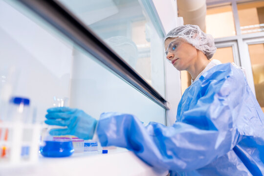 Medical Research Laboratory Portrait of a Beautiful Female Scientist in Goggles Using Micro Pipette for Test Analysis. Advanced Scientific Lab for Medicine, Biotechnology, Microbiology Development