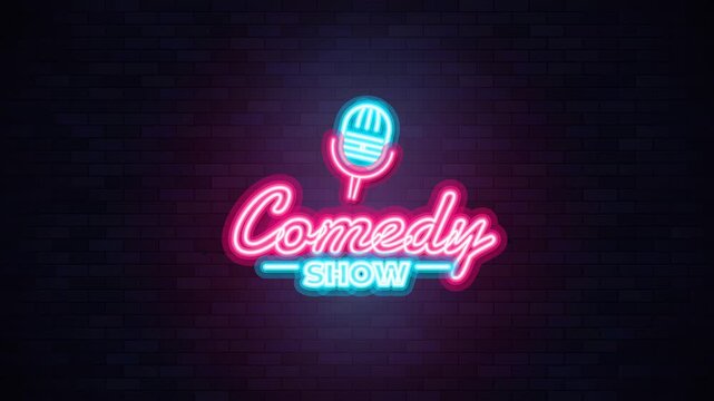 Realistic 4K looping animation of a stylish neon Comedy Show signboard featuring pink cursive script, cyan SHOW lettering, and glowing angled retro microphone on dark purple brick wall.