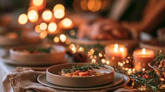 Cozy Christmas Dinner Table Setting With Warm Candlelight Glow And Festive Seasonal Decorations
