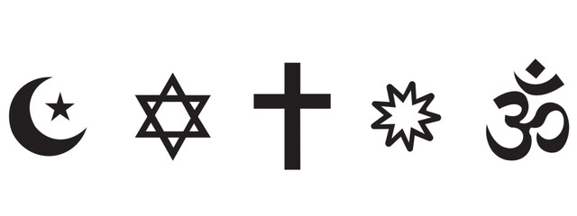 Row of various religious symbols including crescent moon, star of david © Qureshi