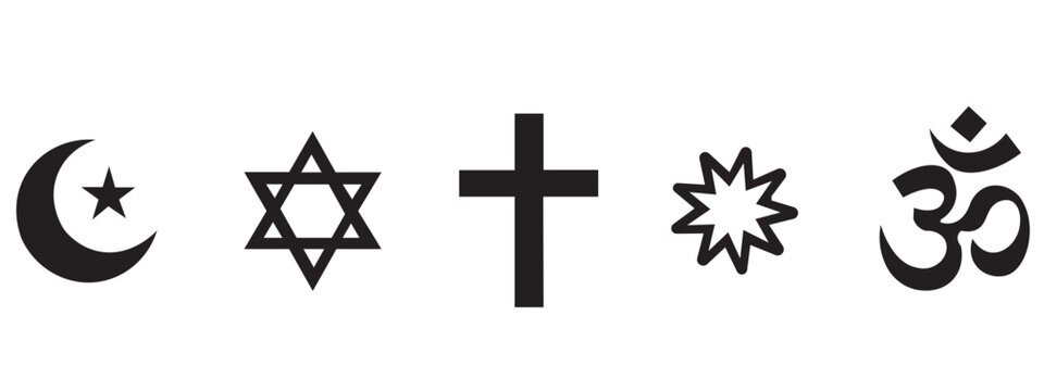 Row of various religious symbols including crescent moon, star of david