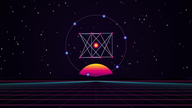 Synthwave sacred geometry loop with glowing neon shapes and a retro horizon background