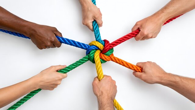 Teamwork and diversity concept featuring multiracial hands holding colorful ropes tied together in a central knot
