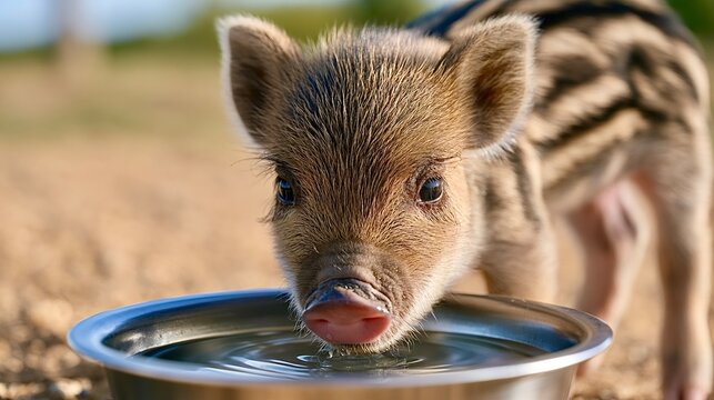 Wild boar piglet drinking water from bowl outdoors