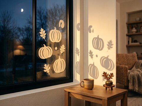 Cozy living room interior with pumpkin and leaf decals on glass window and warm glowing table lamp