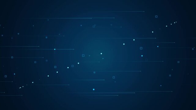 Abstract digital particles forming a circular pattern on a dark blue gradient background with horizontal lines, data flow, cyberspace