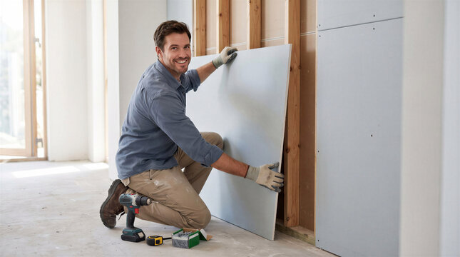 A smiling worker installs a drywall panel inside a building under renovation. The hands-on task shows skilled interior construction and practical home improvement work