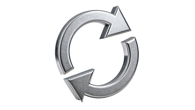 Glossy three dimensional silver metallic refresh sync arrow isolated on transparent background