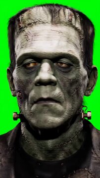 Green Screen Halloween Frankenstein Bust &mdash; Classic Monster Portrait with Neck Bolts for Vertical Horror VFX