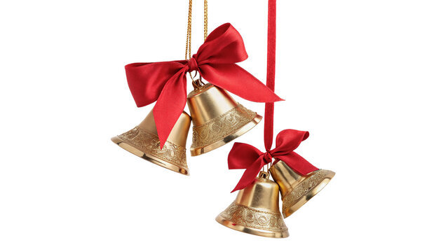 Two shiny golden Christmas bells hanging red ribbon isolated on transparent background