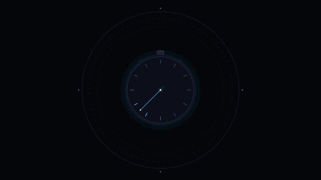 Futuristic glowing digital clock animation with rotating hands and concentric tech circles on dark background