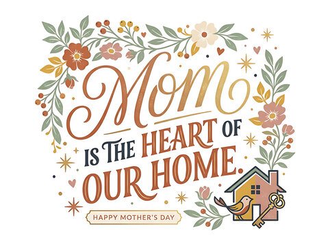 Mothers Day floral typography graphic with house and key isolated on transparent