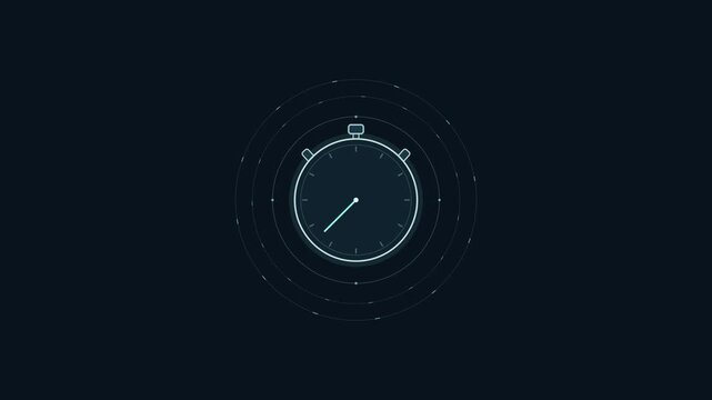 Futuristic digital stopwatch animation counting down time with glowing hud interface and concentric circles