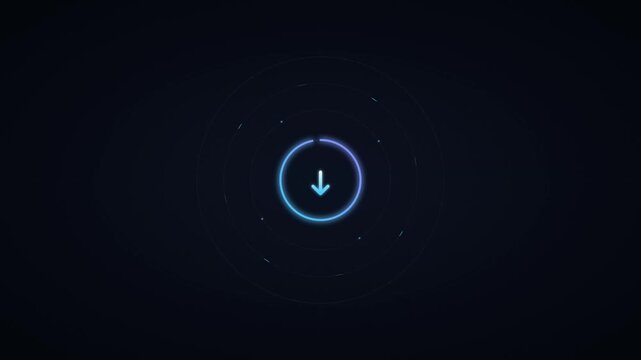 Futuristic neon download button animation with glowing circular progress indicator on dark hud background