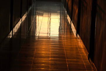 The orange rays of the sun hit the ground, creating beautiful shadows. © Sirapob