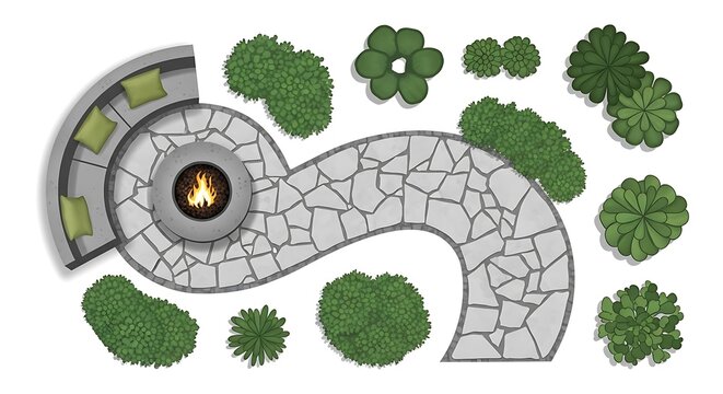 Top view of a garden patio with stone path fire pit and green bushes
