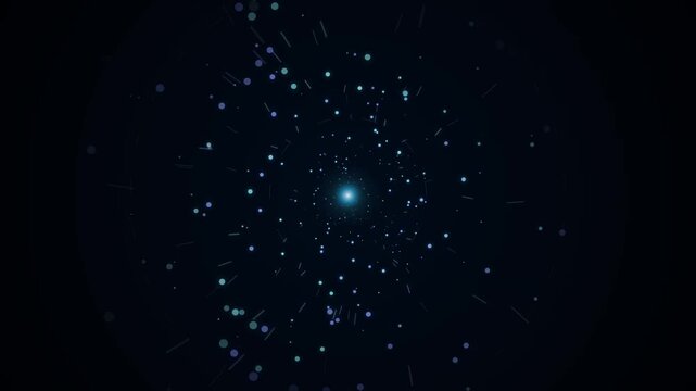 Abstract digital network zoom, exploding particles in dark space, technology concept, data flow visualization