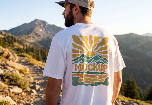 Man Wearing Oversized T-Shirt Mockup on Mountain Hiking Trail at Golden Hour
