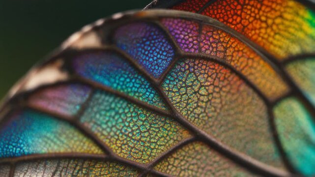 Macro shot of a butterfly wing revealing colorful iridescent scales and delicate veining