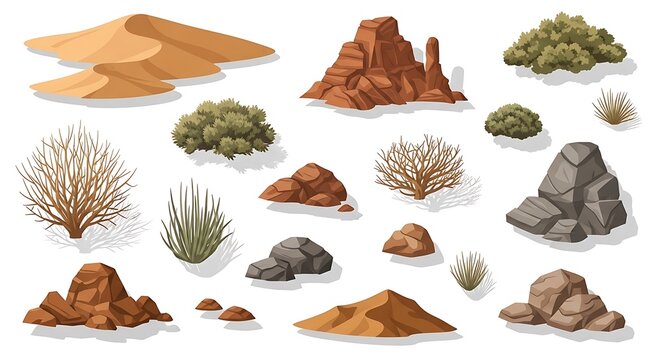 Set of cartoon desert rocks stones and green bushes for game design