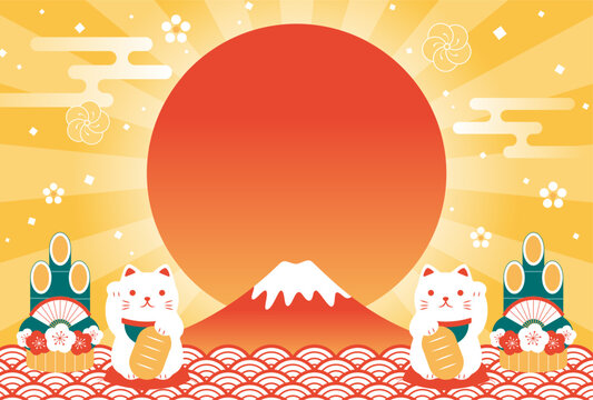 Japanese style new years vector background with Beckoning cat, Mt. Fuji and the sunrise