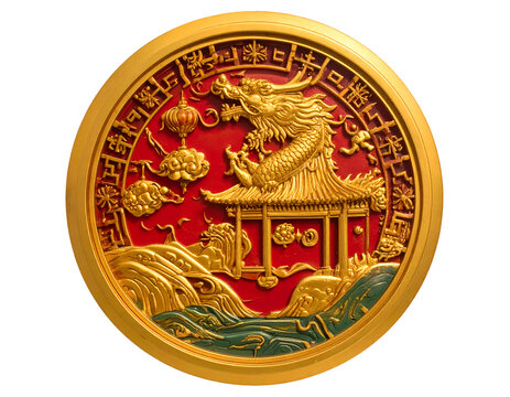 Golden chinese dragon coin with traditional temple and waves, auspicious symbol