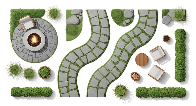 Top view garden stone path and fire pit elements for landscape design