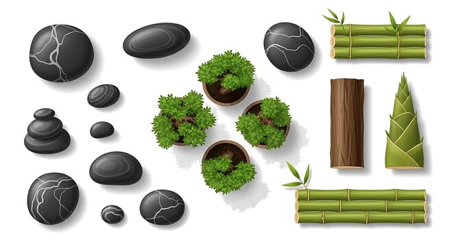 Zen garden elements set with black stones bamboo plants and green moss