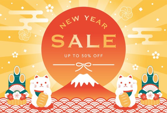 Japanese style new years vector background with Beckoning cat, Mt. Fuji and the sunrise