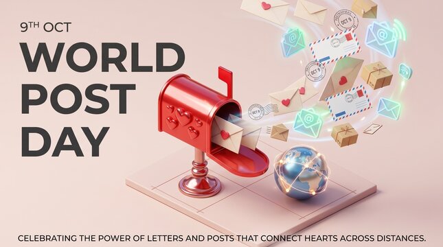 World Post Day celebratory graphic featuring a bright red classic mailbox with flying mail, packages, letters, and a metallic globe on a soft pink background with elegant typography.