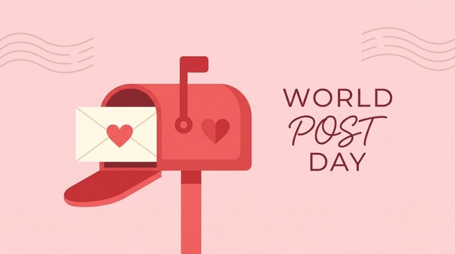 World Post Day greeting graphic featuring a festive red mailbox with a heart-adorned envelope on a soft pastel pink background with wavy postmark lines and stylish typography