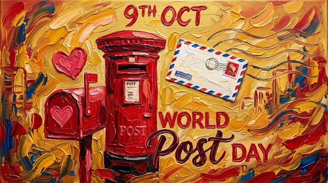 An expressive, textured oil painting celebrating World Post Day on October 9th, featuring a vintage British red pillar box, a rural mailbox with a heart, and an airmail envelope against a warm