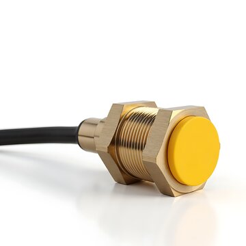 Brass inductive proximity sensor with yellow detection surface and attached electrical cable isolated on white