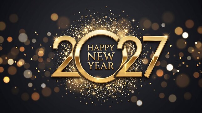 Elegant Happy New Year 2027 Greeting Design with Golden Metallic Typography and Sparkling Bokeh Background Effects on a Dark Backdrop