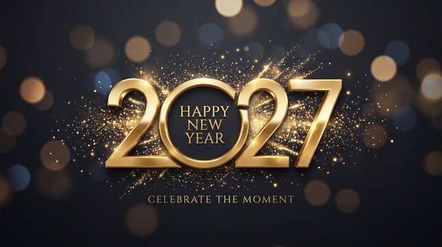 Elegant Gold 2027 Happy New Year Greeting Card Design with Sparkling Glitter Effects and Blurred Bokeh Light Background for Festive Holiday Celebrations