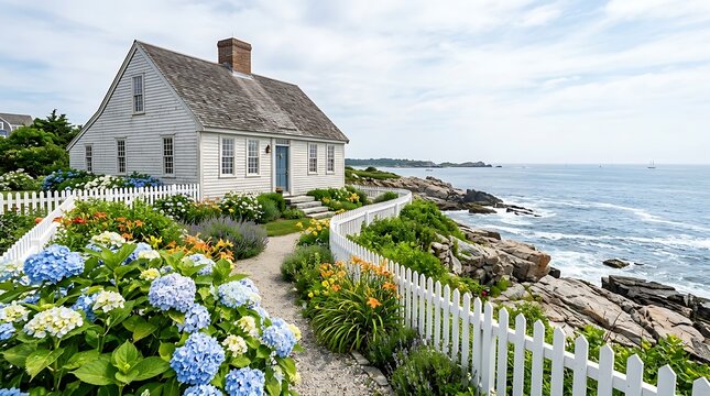 Historic Oceanfront Cottage Overlooking Rocky Coastline with Hydrangeas