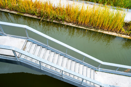 Pedestrian bridge over landscaped water feature in Parc Clichy-Batignolles Martin Luther King in Paris, France during autumn