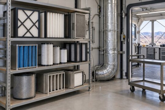 Modular air filter cartridges wait in organized service bay