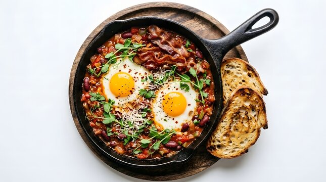 A cast iron skillet of red bean shakshouka with fried eggs, bacon, and microgreens is served with toasted sourdough.
