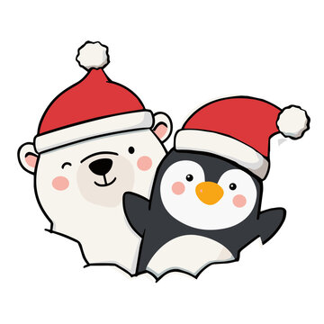 Cute Christmas Polar Bear and Penguin Wearing Santa Hats, Adorable Winter Holiday Animals, Editable Vector Isolated on Transparent Background