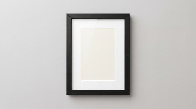 Minimalist black picture frame mockup on neutral wall, vertical poster frame with white matting, clean photo frame template for artwork display