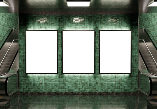 Three empty billboards on underground wall Mockup. Vertical hoardings in dark green subway station. 3D rendering