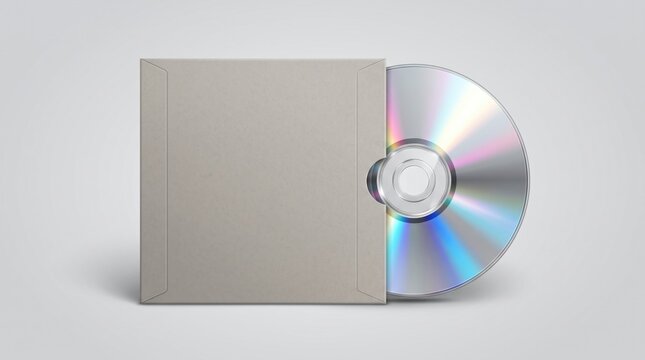 Blank CD sleeve mockup, grey paper disc jacket with compact disc, realistic packaging presentation template for music branding