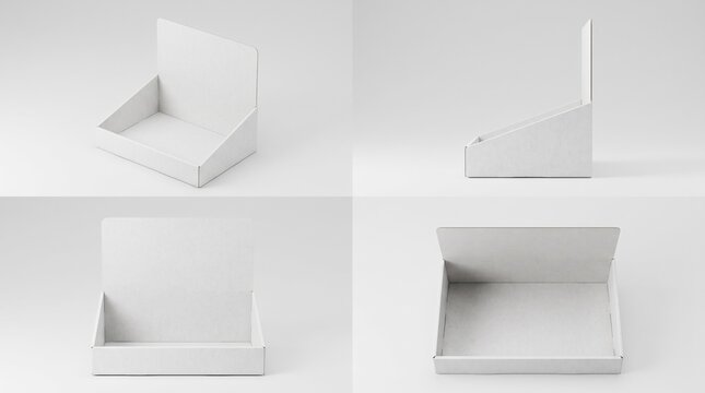 Blank white cardboard counter display box mockup set, retail POS display stand template, point of sale packaging container